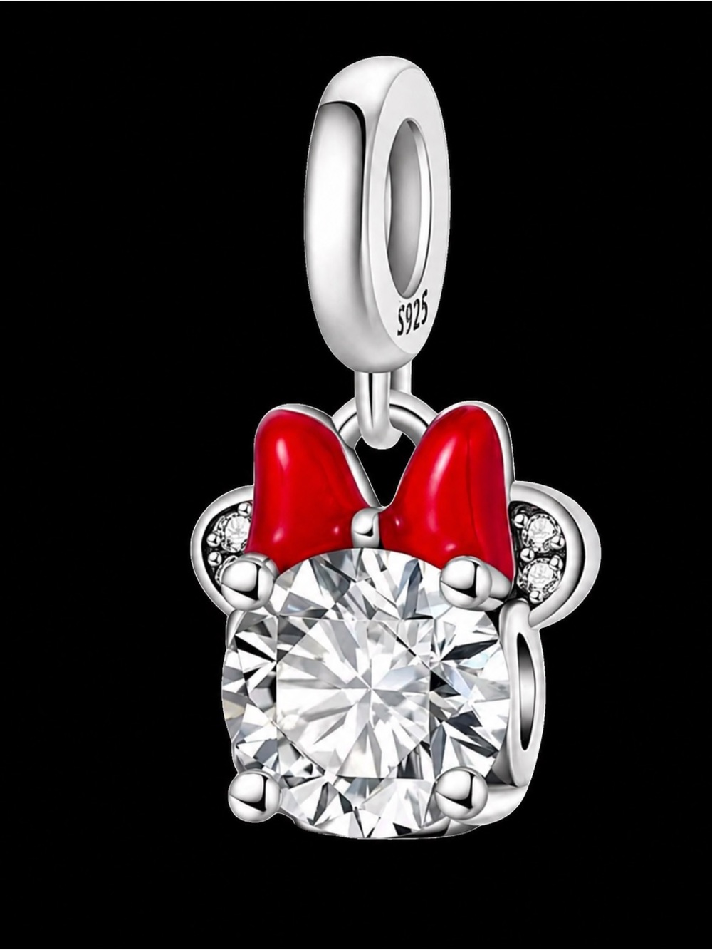 Sterling Silver Red Bow Minnie Mouse CZ Dangle Charm S925